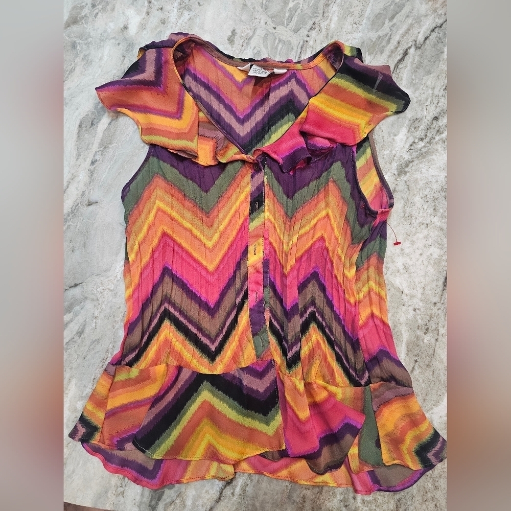 Allison Taylor Chevron Sleeveless Blouse M Multicolor Ruffle Hem Sheer